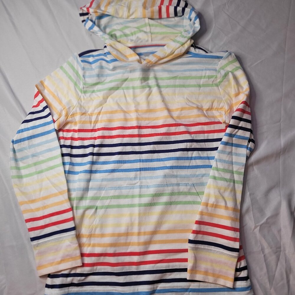Primary Long sleeve shirt with hoodie in rainbow colors, size 12, EUC, $12